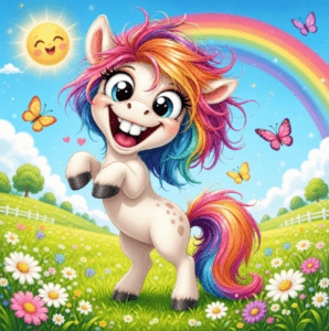 Cheerful cartoon pony with a rainbow mane prancing in a sunny meadow filled with daisies and butterflies under a bright sky.