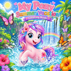 Cover of 'My Pony Summer Vacation' coloring book featuring a smiling purple pony in a tropical splash with flowers and butterflies.