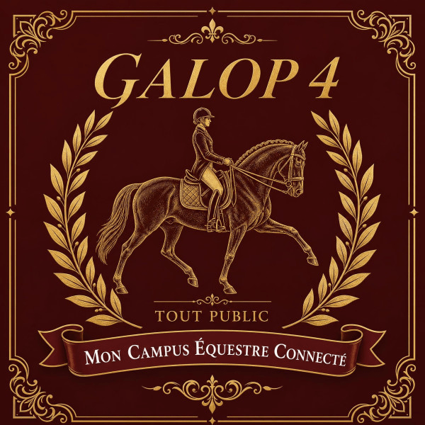 Gold-on-maroon emblem featuring a rider on a trotting horse, flanked by laurel branches, with the text 'GALOP 4' and 'MON CAMPUS ÉQUESTRE CONNECTÉ'