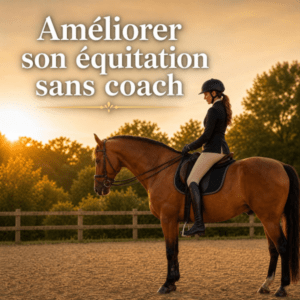 Rider wearing a helmet on a horse at sunset in an outdoor arena, promoting improving riding without a coach.