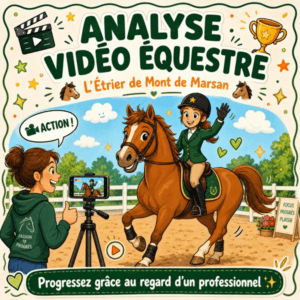 Poster: 'Analyse Vidéo Équestre' showing a rider on a brown horse being filmed on a tripod by a teammate; caption 'Progressez grâce au regard d’un professionnel'.