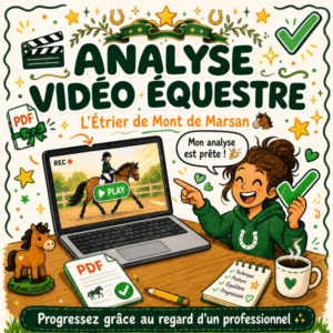 Colorful cover for 'Analyse Vidéo Équestre' with a smiling trainer pointing, a laptop showing a horse video, PDF notes, and green checkmarks