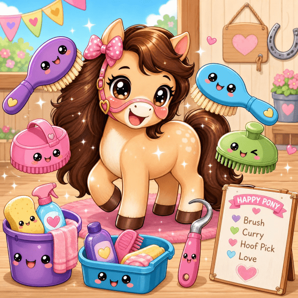 Cute pony in a pet grooming shop, smiling as it poses among colorful brushes, bowls, and grooming tools with a labeled menu board in the background.