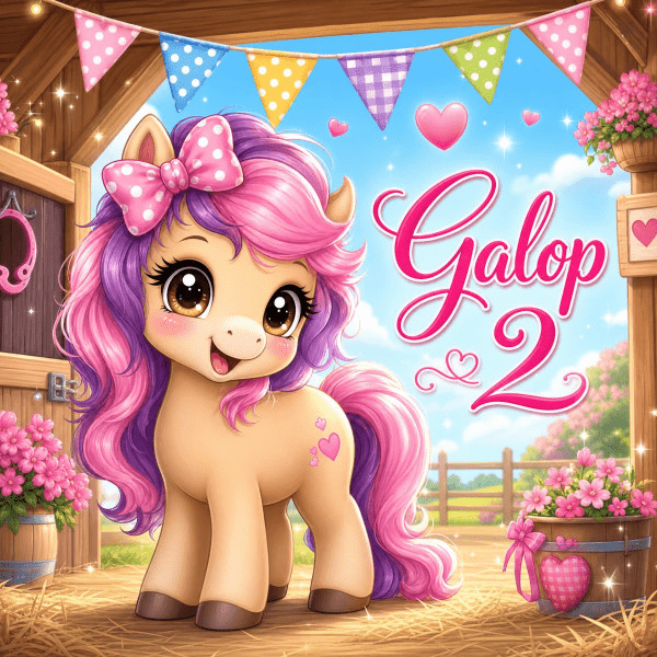 Cute pastel pony with pink and purple mane in a barn, pink bow, hearts, bunting, and the title 'Galop 2' in the background.