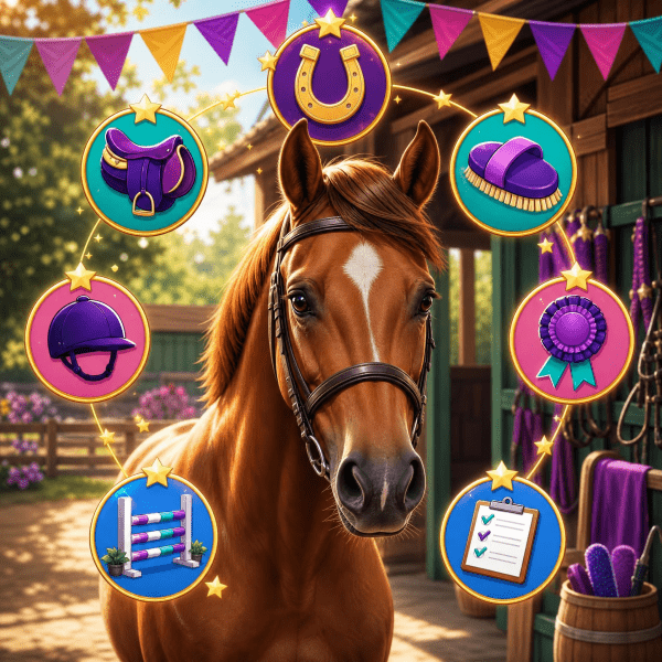 Chestnut horse in a sunlit stable encircled by icons of riding gear and awards.