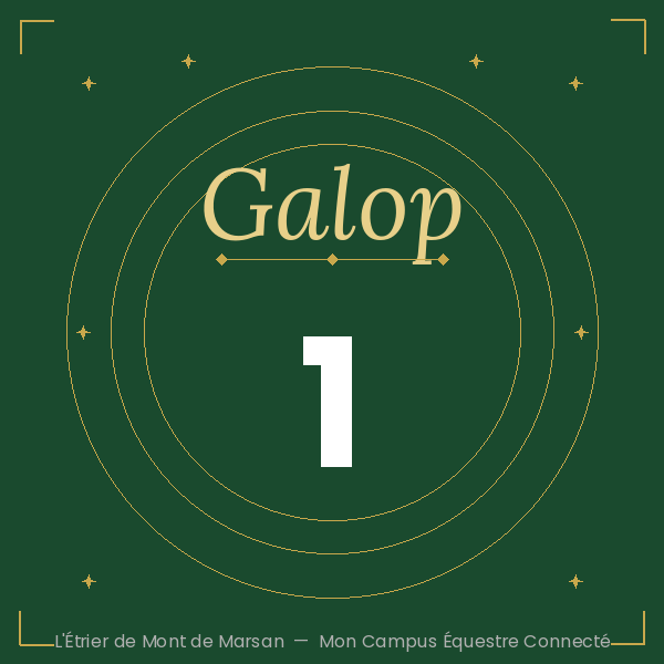 Green badge with gold concentric rings and small stars, featuring the word 'Galop' in gold script and a large white '1' in the center; bottom caption reads 'L'Étier de Mont de Marsan — Mon Campus Équestre Connecté' for context.