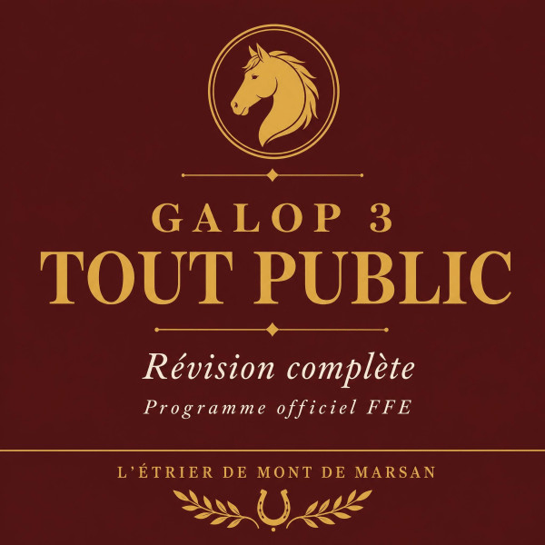 Maroon horse-labeled gold design: 'GALOP 3 TOUT PUBLIC' with decorative lines, 'Révision complète' and 'Programme officiel FFE', plus a laurel-horse emblem at bottom.